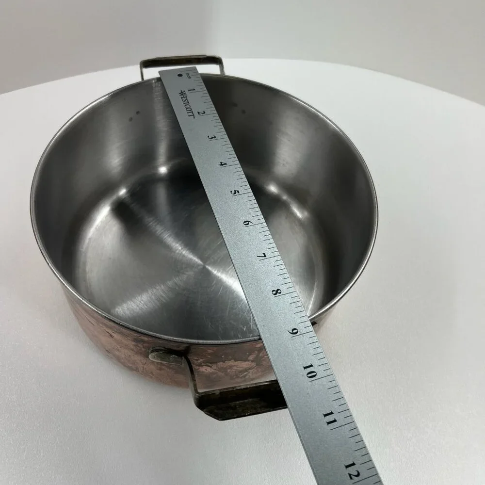 Vintage Copper Pot Stainless Steel Lined 9" Casserole Dual Brass Handles - Picture 10 of 11
